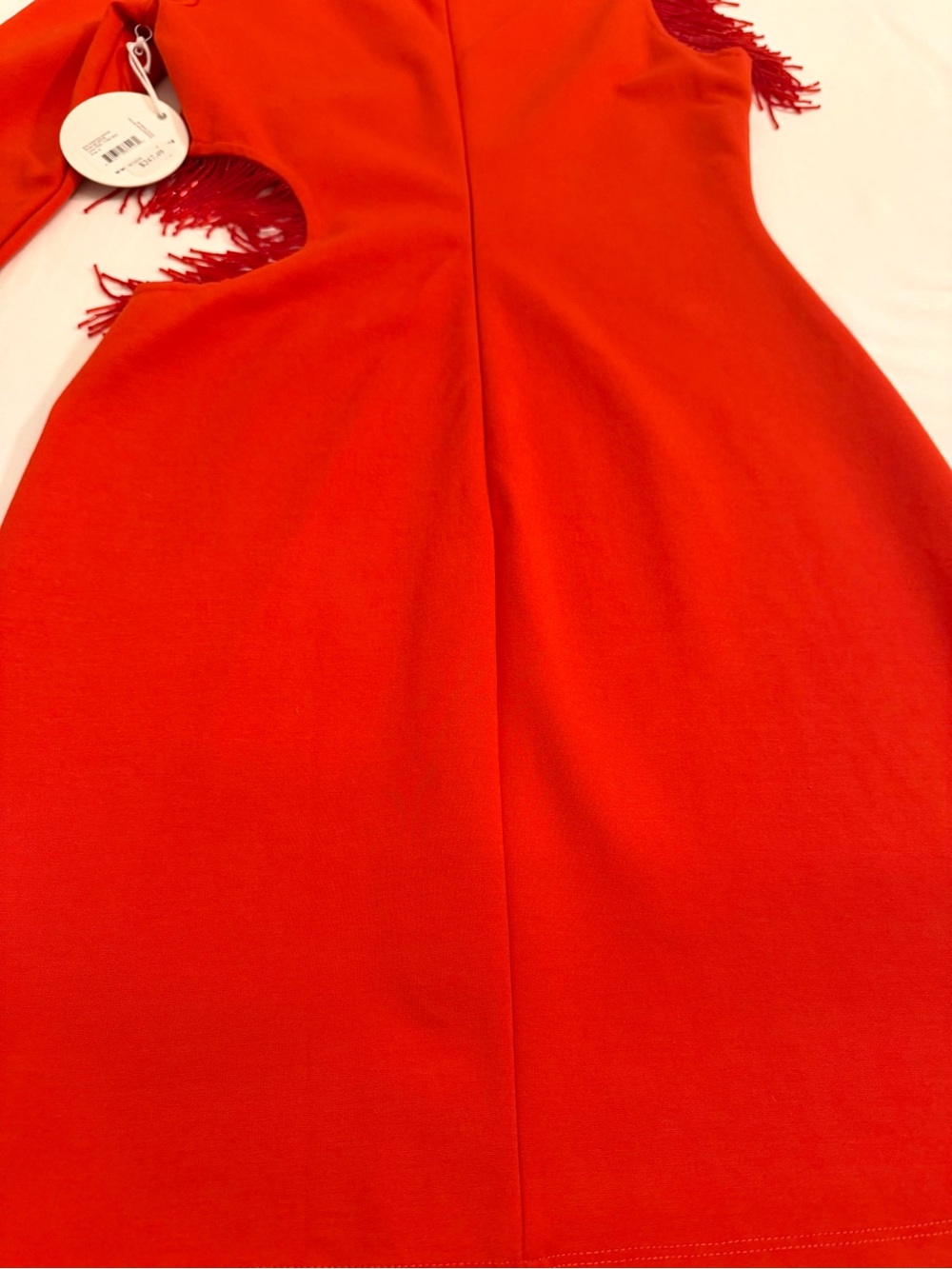 STAUD Mini Kirsten Dress in Fire Red Long-Sleeve with Fringe Cutouts Size Small - Picture 12 of 15